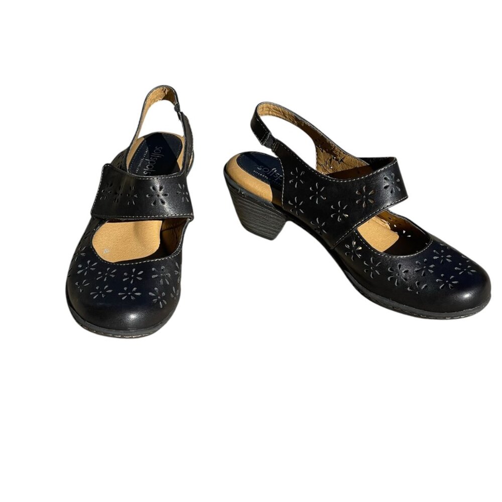 Softspot‎ Black leather wedge slingback Maryjane Perforated floral design 8.5